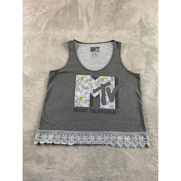 MTV Tops - MTV Music Television Floral Logo Graphic Tank Top Grey Lace Trim Womens Medium